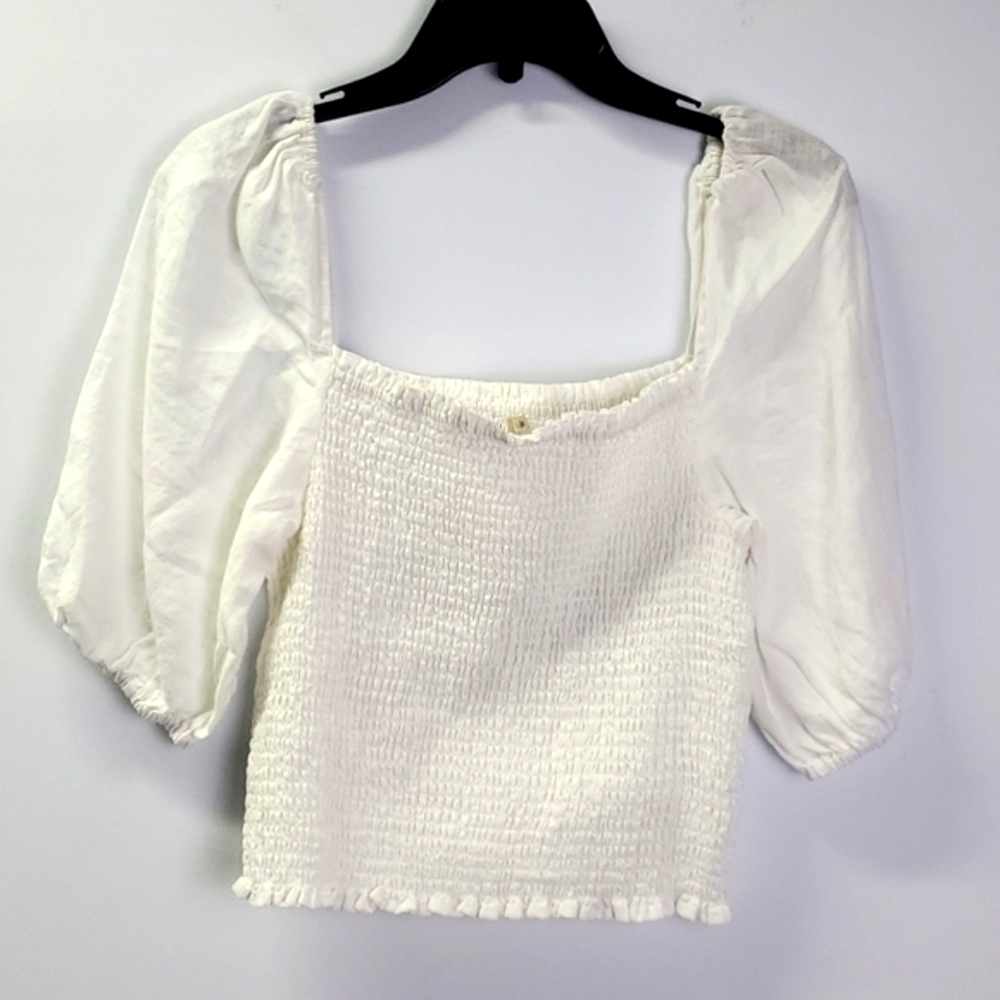 Faherty Frankie Smocked Puff Sleeve Linen Top In Oyster